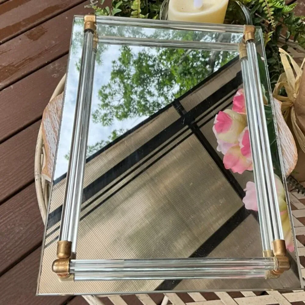 Vintage vanity mirror tray with clear glass tubes Hollywood Regency MCM